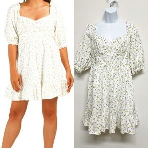 Rahi Womens Yellow Floral Sweetheart Neckline Midi Puff Sleeve Dress Size XL